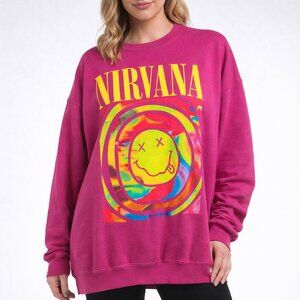Nirvana Pink Oversized Graphic Sweatshirt Rainbow Smiley Face Longline – Size S